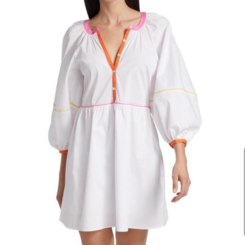 STAUD White Midi Dress with Pink and Orange Accents